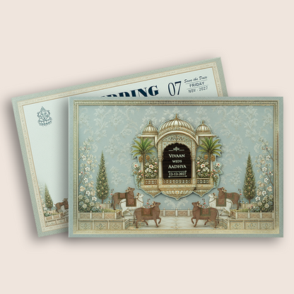 Blue Jharokha Padded Wedding Invitation Card - KSH18050