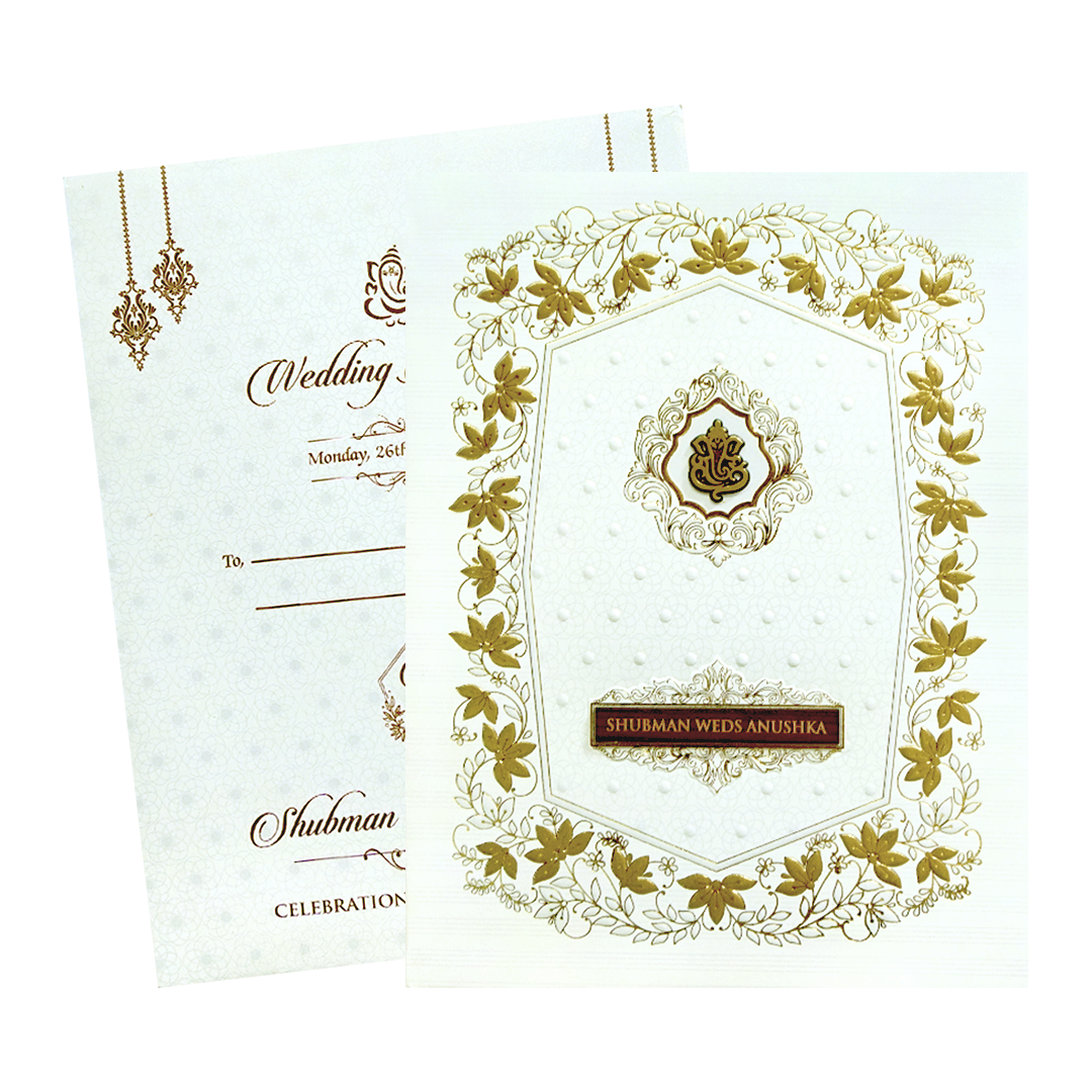 Pearl White Padded Regal Embossed Floral Wedding Invitation Card-KRB09700