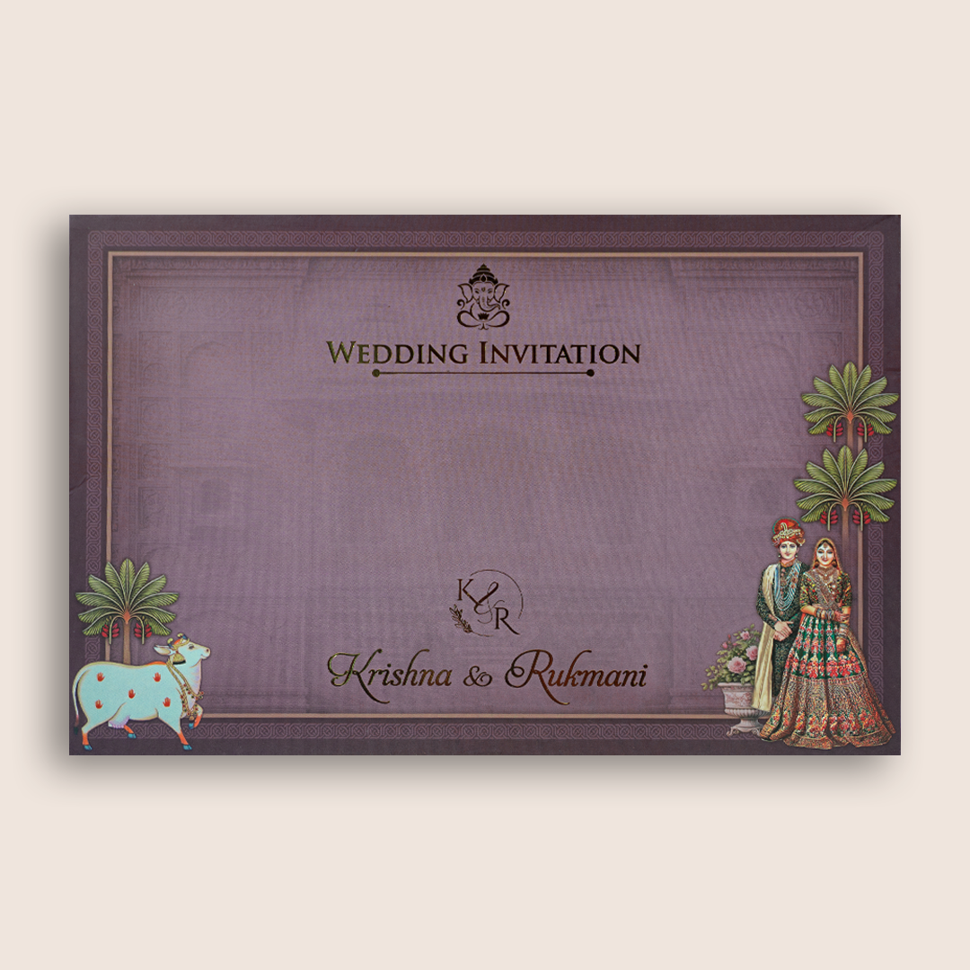 Purple Kamadhenu Royal Bride Groom Laser Cut Padded Invitation Card - KJTS1917