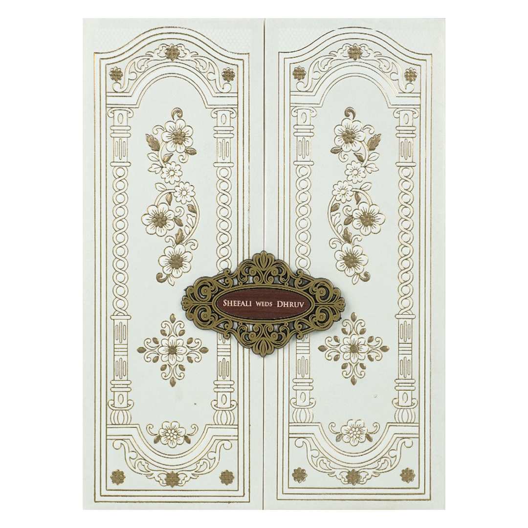 White Embossed Floral Arch Padded Wedding Card-KRE28250