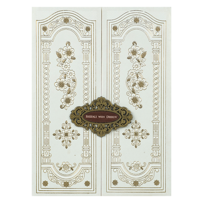 White Embossed Floral Arch Padded Wedding Card-KRE28250