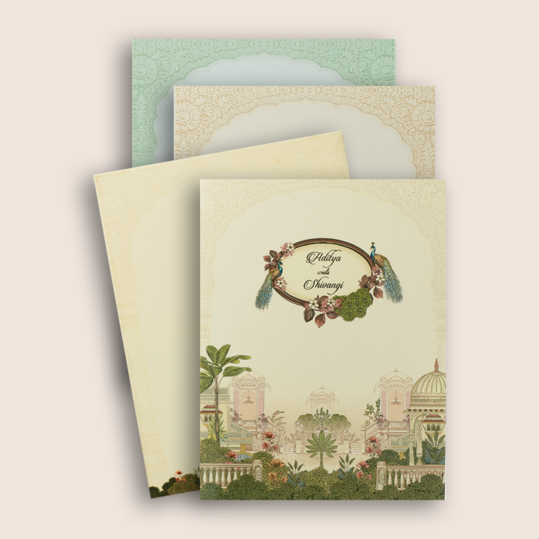 Cream Palace Peacock Wedding Card - KAA05190