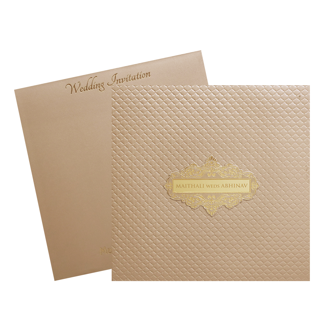 Beige Cream Floral Embossed Padded Wedding Card-KMMWD1128