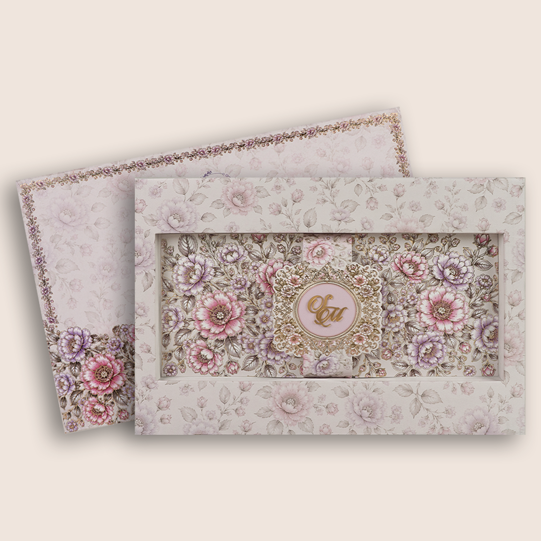 White Floral Padded Wedding Invitation Card - KPR026160