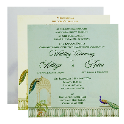Pastel Green Peacock Dome Wedding Card-KFR15200