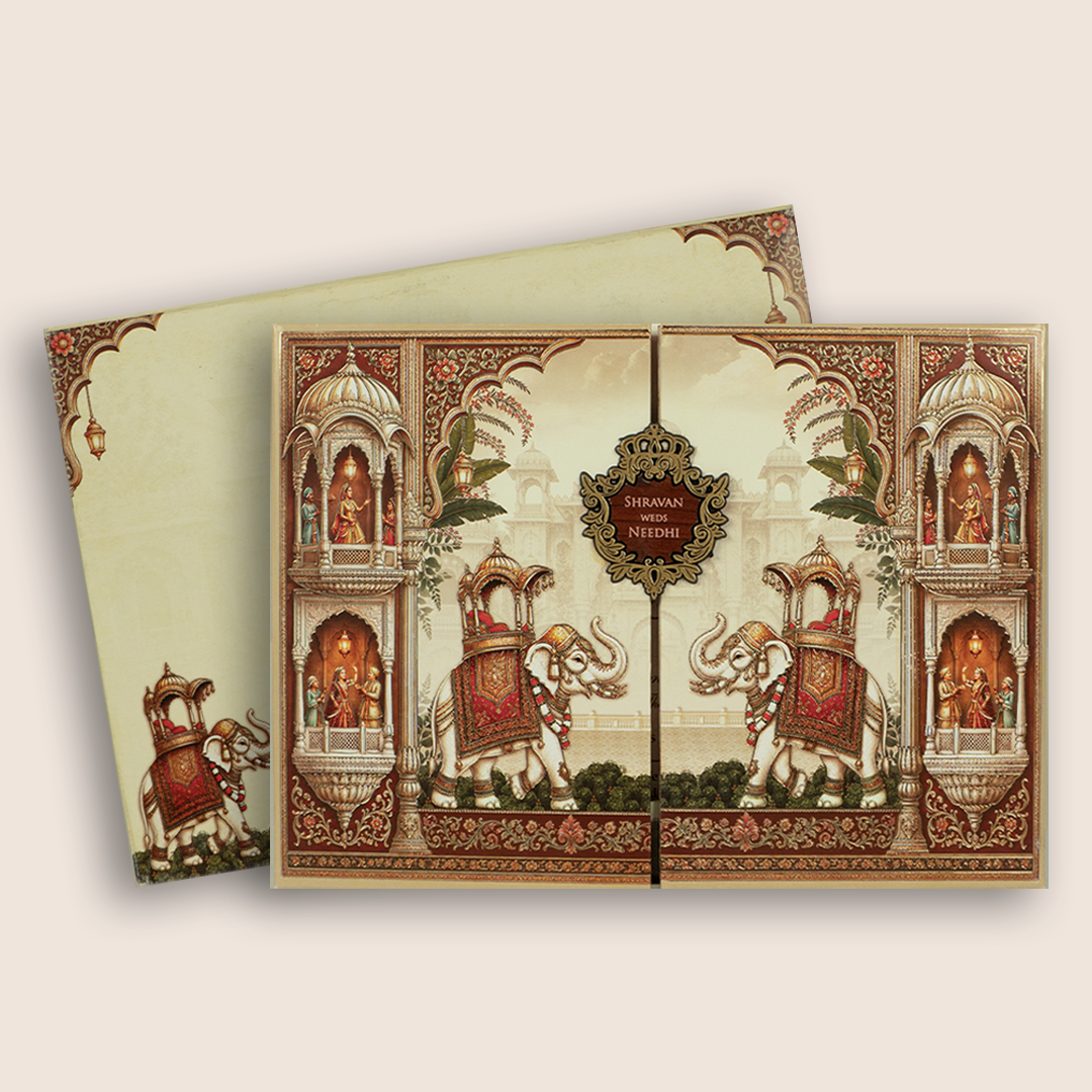 Beige Royal Elephant Door Style Wedding Card - KSH18890