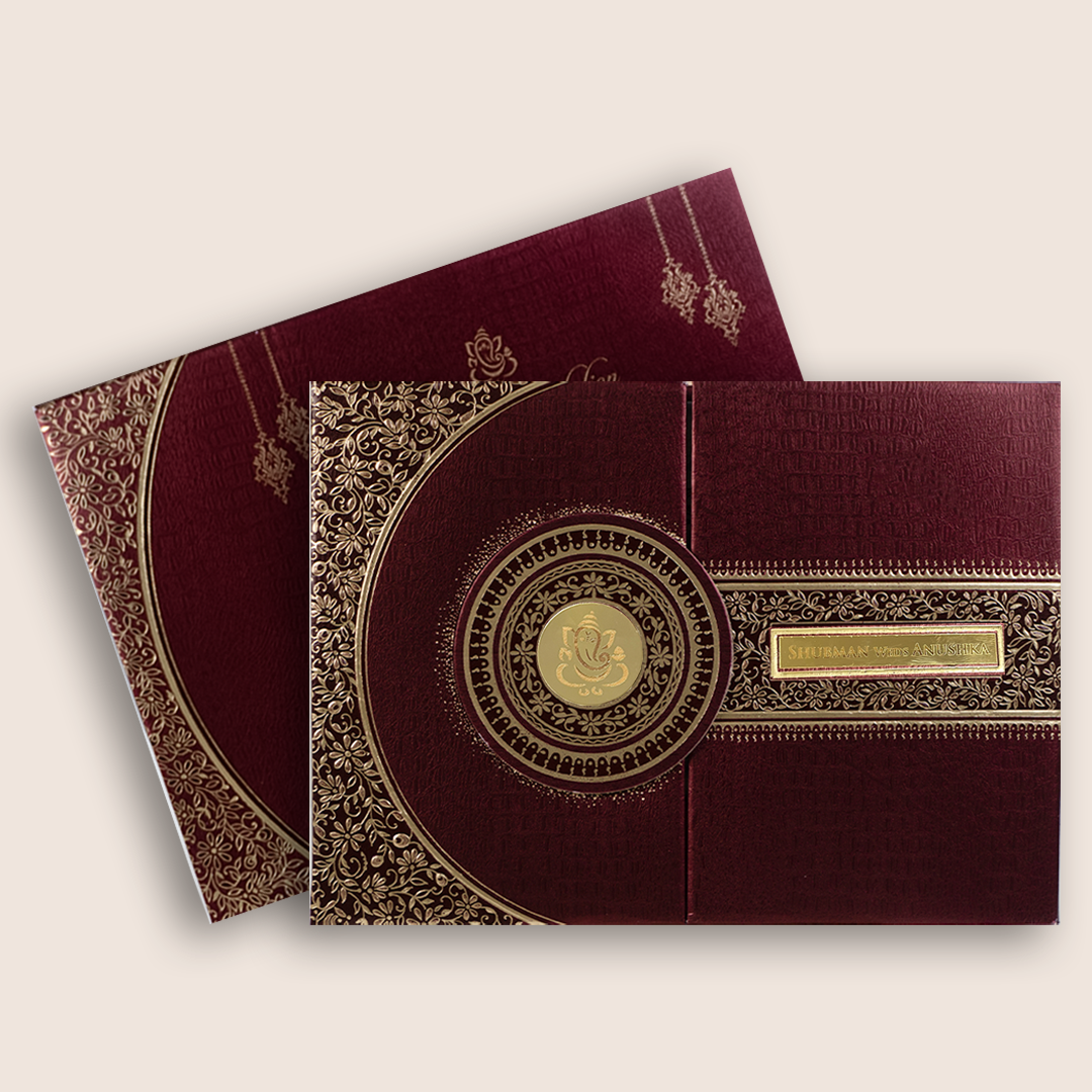 Wine Embossed Floral Door Style Padded Wedding Card - KRB10470