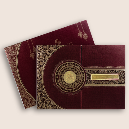 Wine Embossed Floral Door Style Padded Wedding Card - KRB10470