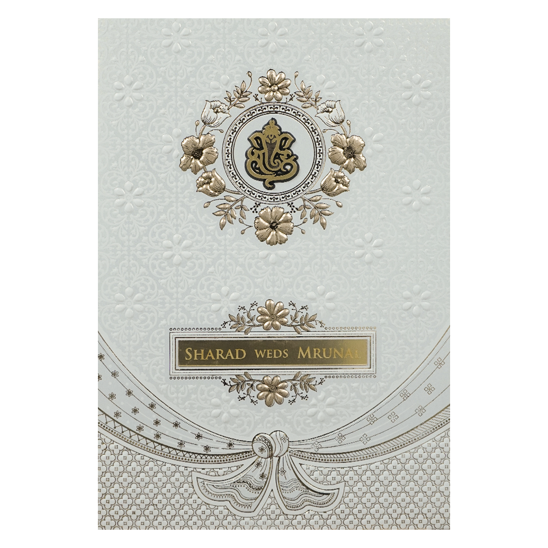 White Embossed Ganesha Wedding card-KRE28660