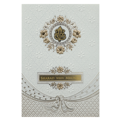 White Embossed Ganesha Wedding card-KRE28660