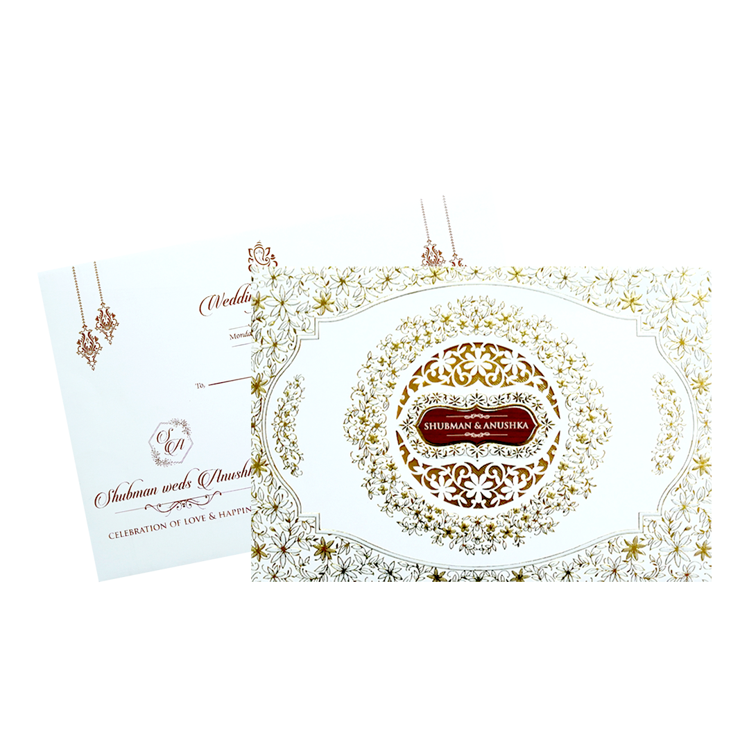 White Padded Embossed Floral Cutout Wedding Invitation Card-KRB09800