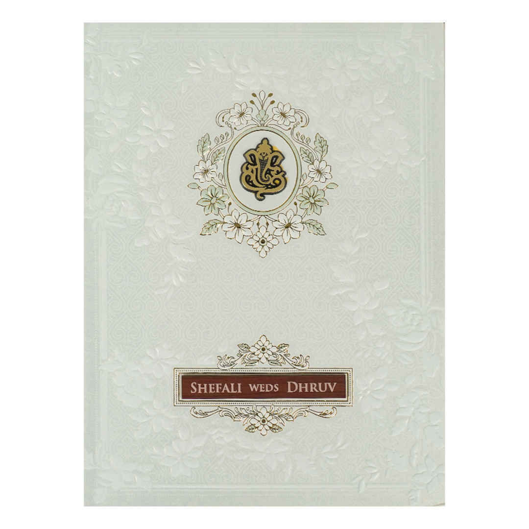 White Embossed Ganesha Classic Wedding card-KRE28450