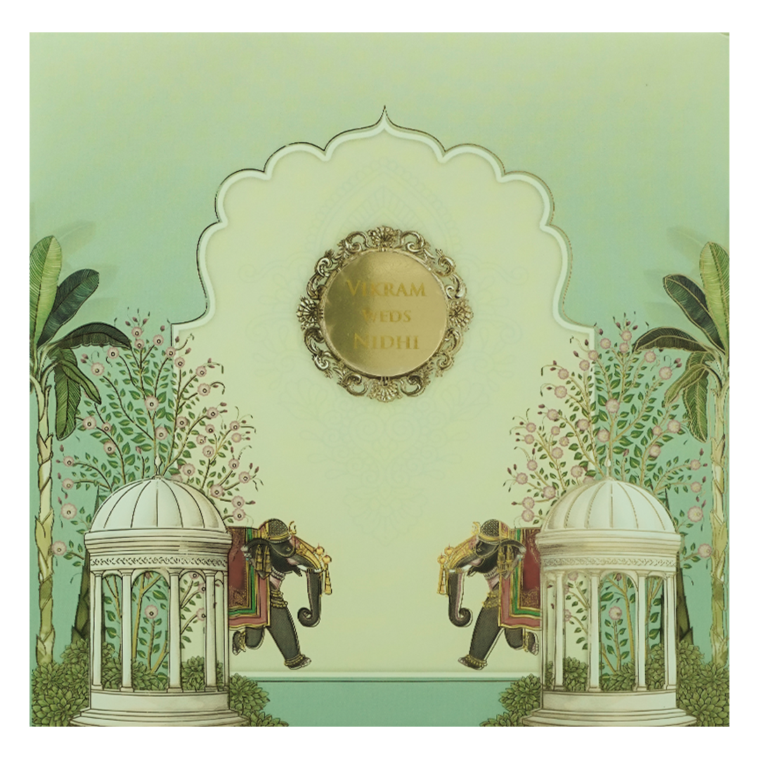Mint Green Royal Elephant Padded Wedding Card-KRE27120