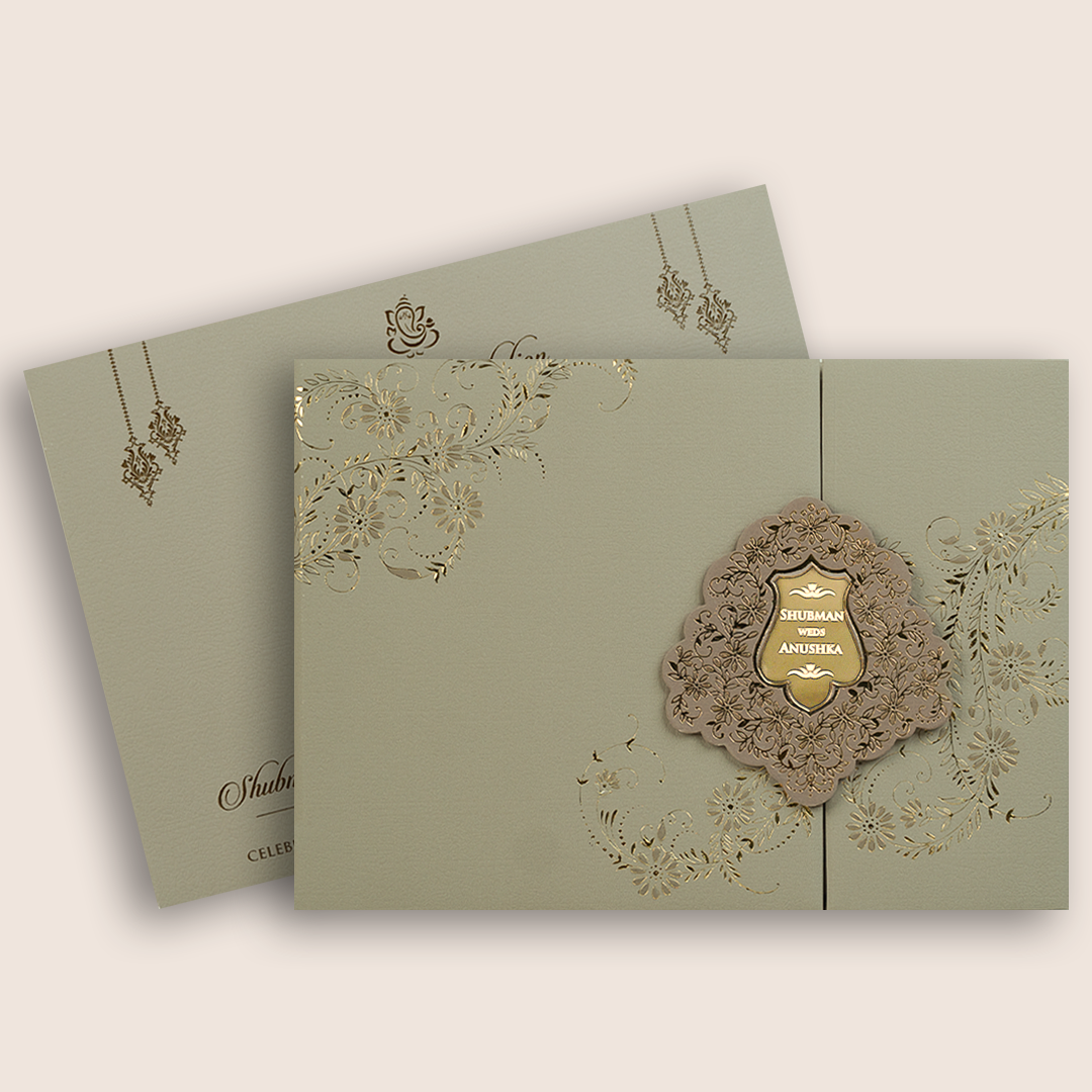 Light Grey Embossed Floral Door Style Marriage Invitation - KRB10460