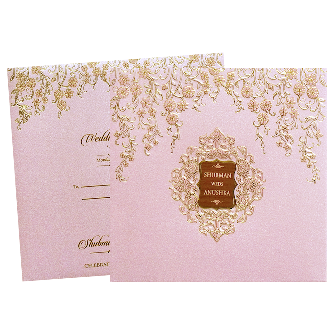 Pink Padded Embossed Floral Wedding Invitation Card-KRB09570