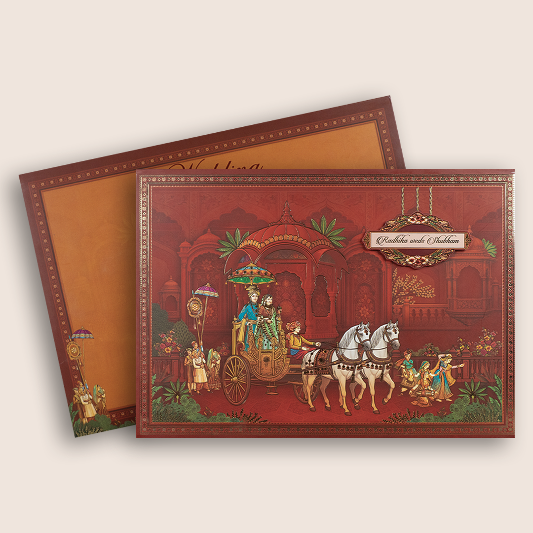 Red Royal Bride Groom Baraat Padded Wedding Card - KSH18260