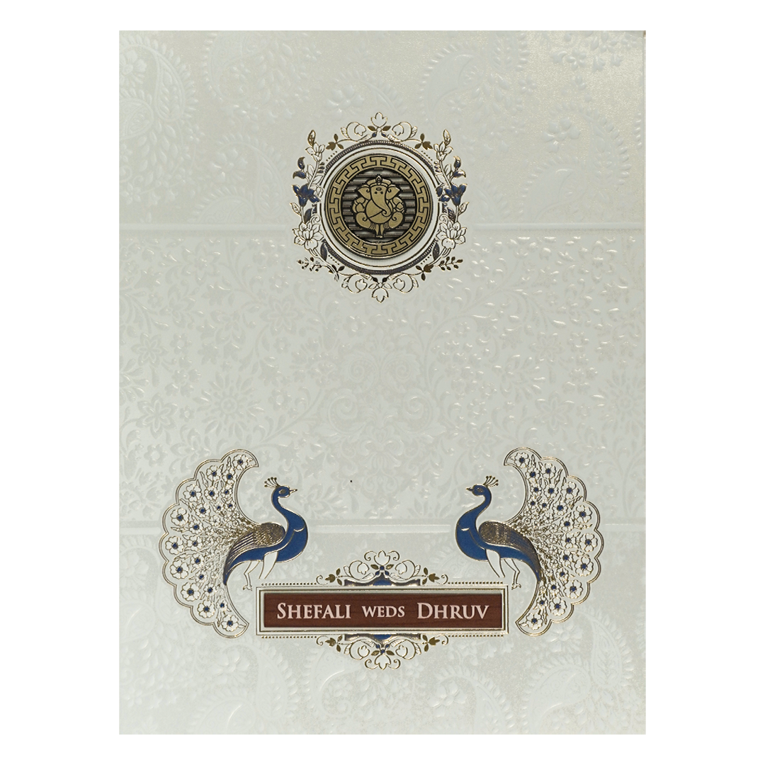 White Ganesha Peacock Wedding card-KRE28430
