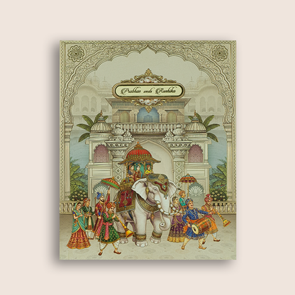 Grey Royal Palace Baraat Padded Wedding Card - KAA05540