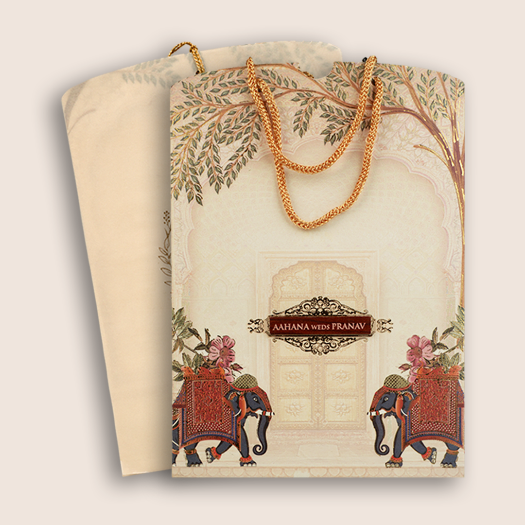 Cream Elephant Bag Style Wedding Card - KVN06330