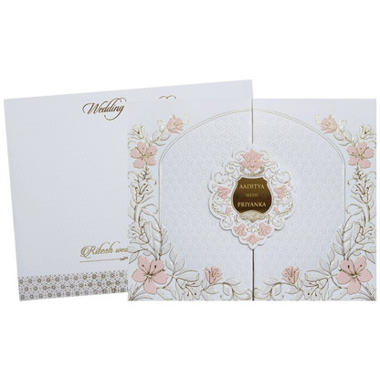 White Gatefold Padded Floral Wedding Card-KMMWD1112