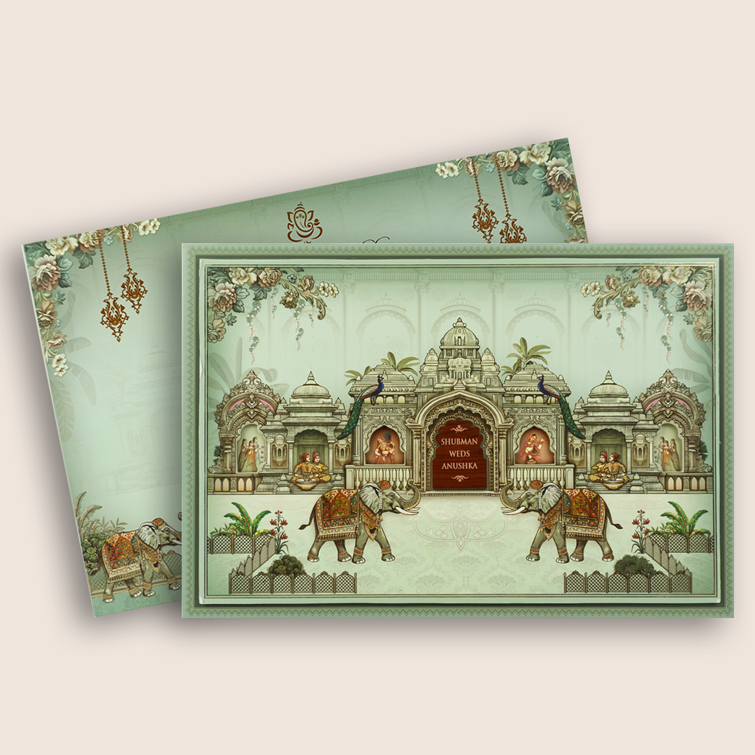 Teal Green Royal Elephant Jharokha Laser Cut Padded Wedding Card - KRB09920