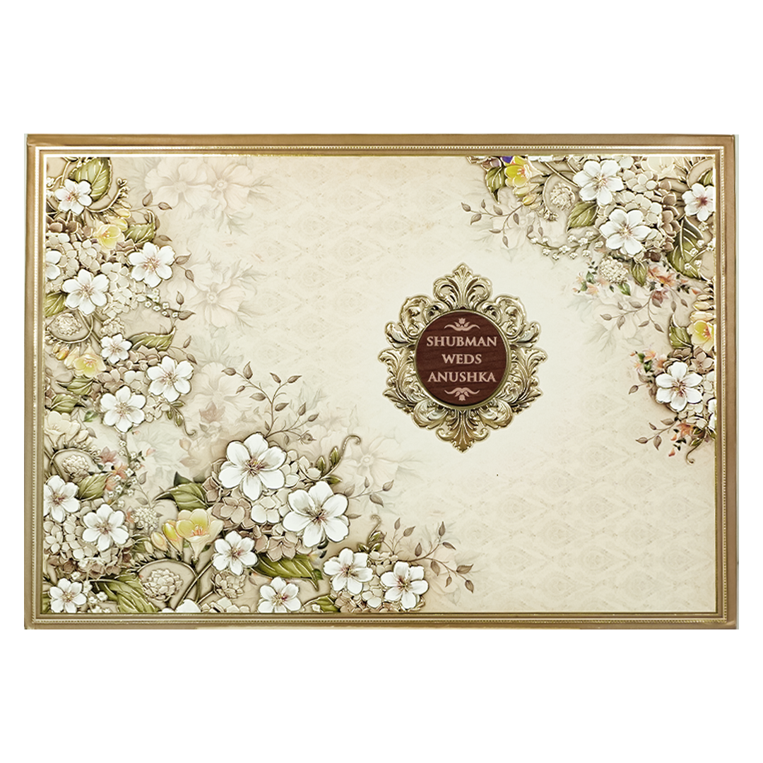 Cream White Floral Padded Wedding Card-KRB09280