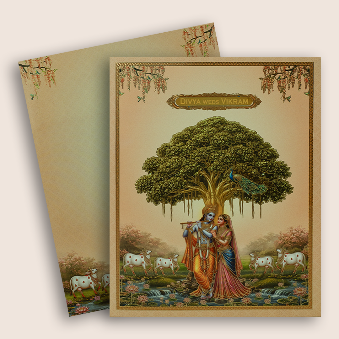 Orange Lord Radha Krishna Wedding Invitation Card - KNKC6209