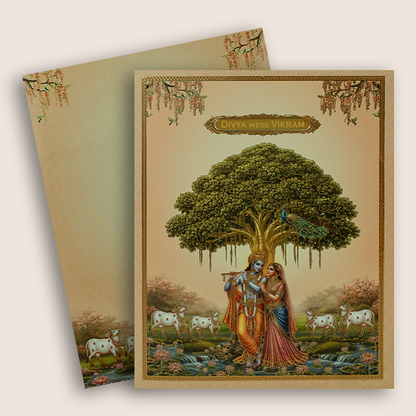 Orange Lord Radha Krishna Wedding Invitation Card - KNKC6209