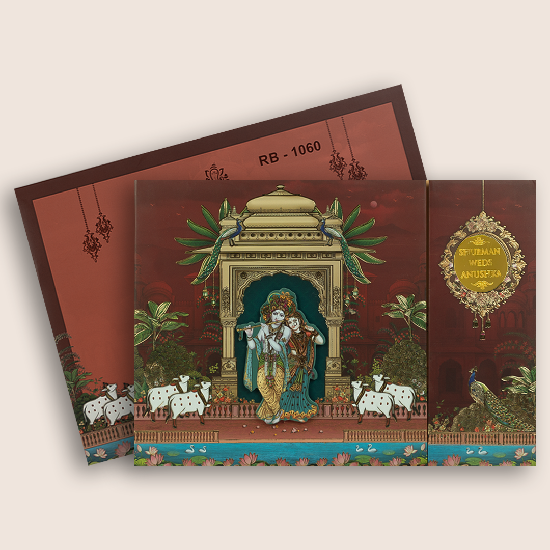 Maroon Lord Radha Krishna Door Style Padded Wedding Invitation - KRB10600