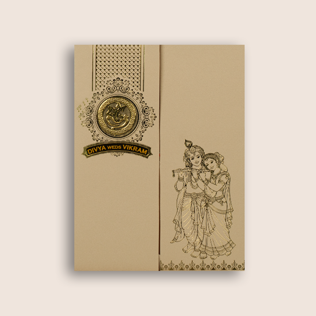 Pastel Pink Lord Radha Krishna Door Style Wedding Card - KNRR8709P