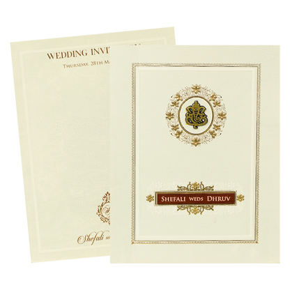 White Embossed Ganesha Wedding card-KRE28470
