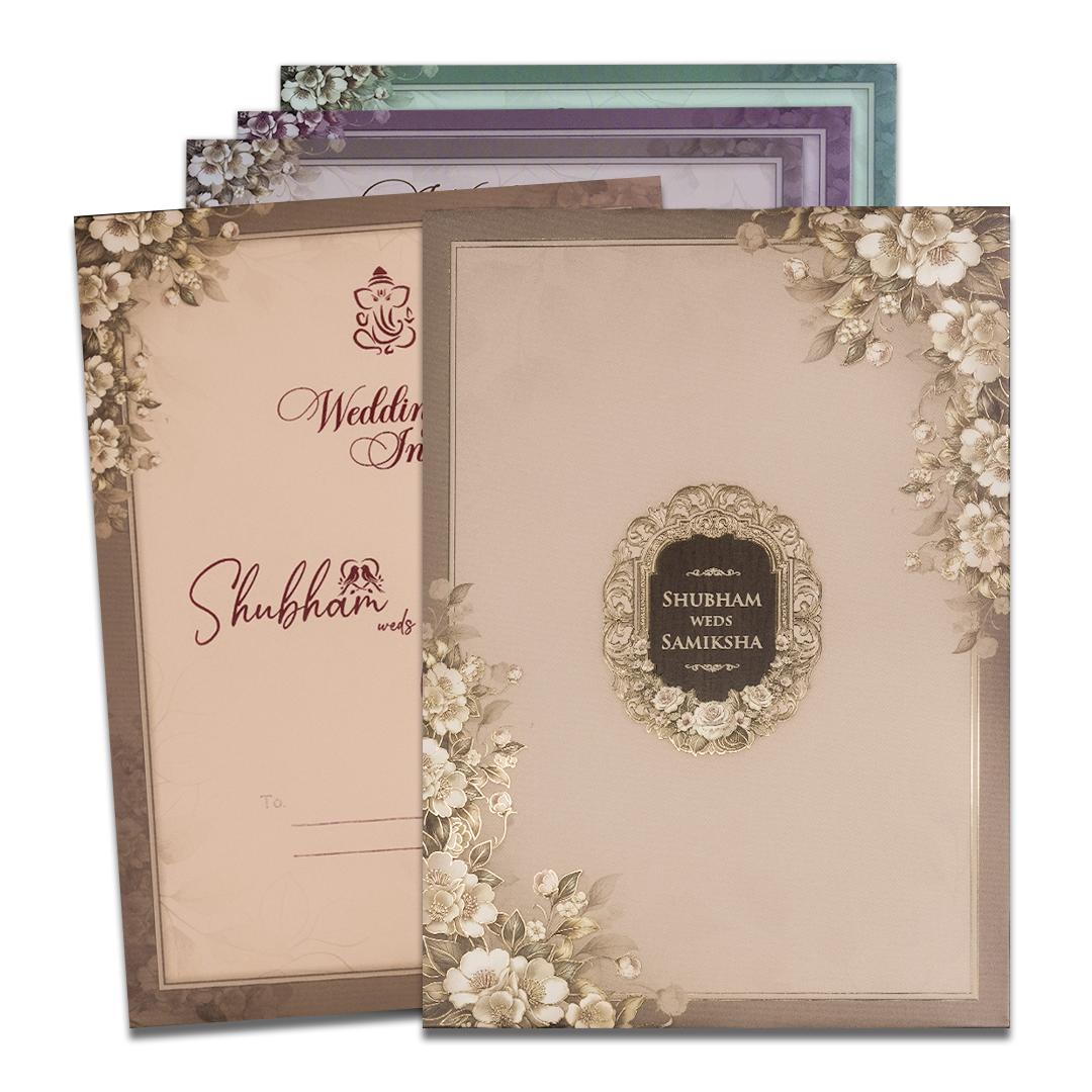 Beige Floral Padded Wedding Card-KSH72550