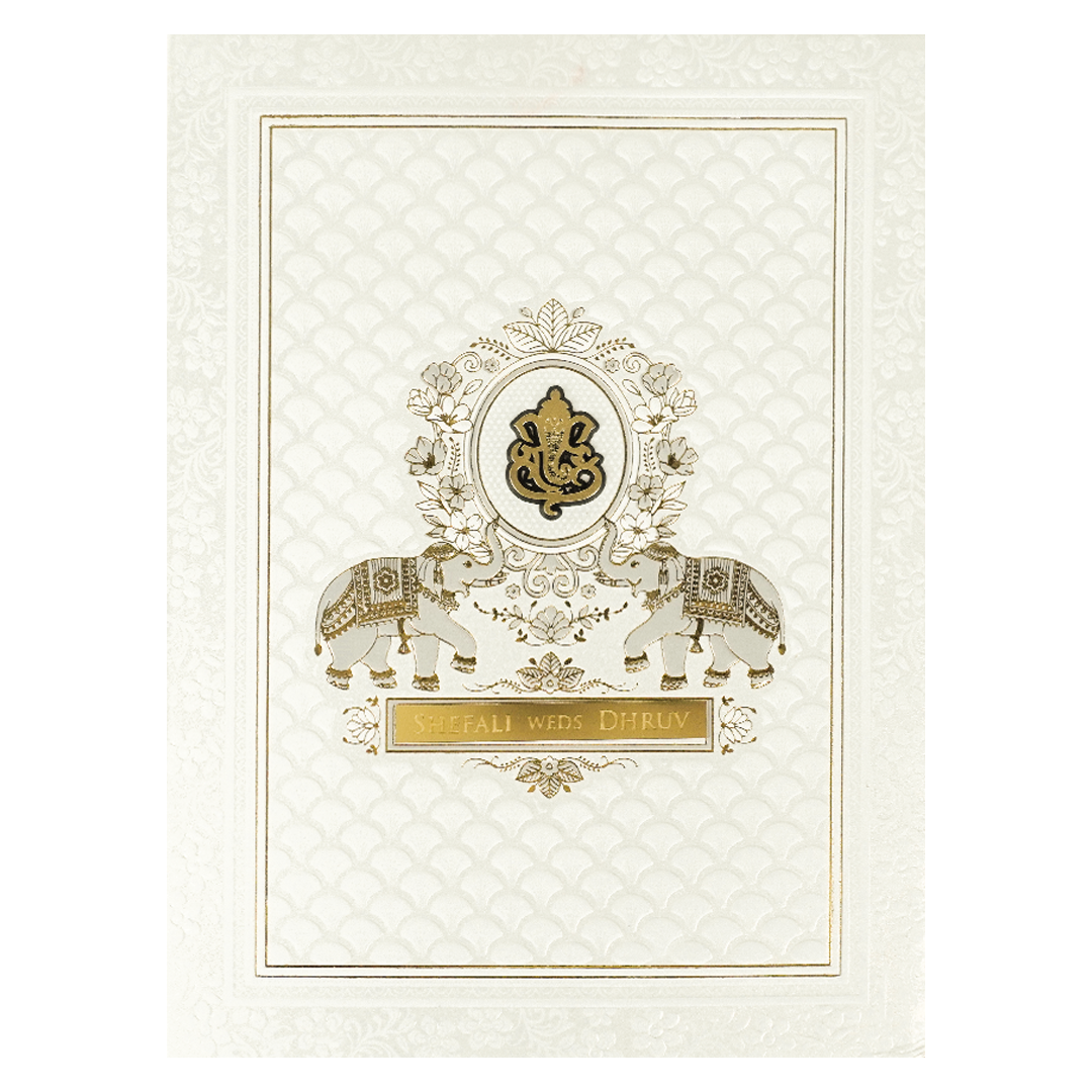 White Ganesha Embossed Padded Wedding Card-KRE28160