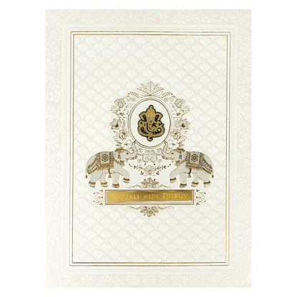 White Ganesha Embossed Padded Wedding Card-KRE28160