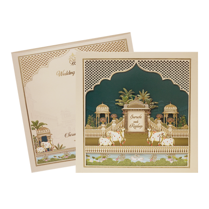 Palace Cream &amp; Blue Padded Wedding Card-KMMEX8070