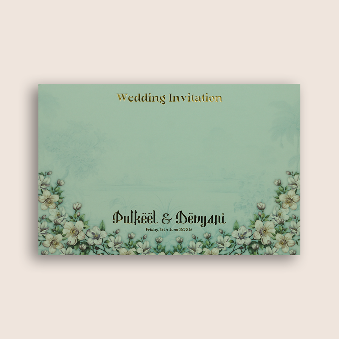 Blue Embossed Floral Door Style Padded Wedding Card - KJTS1829