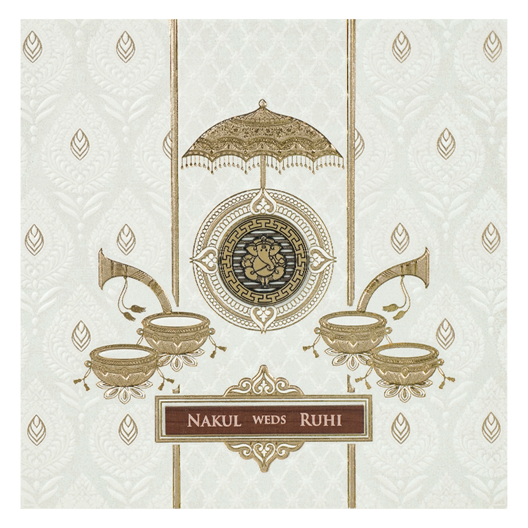 White Ganesha Umbrella Embossed Wedding card-KRE28530