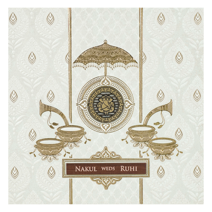 White Ganesha Umbrella Embossed Wedding card-KRE28530
