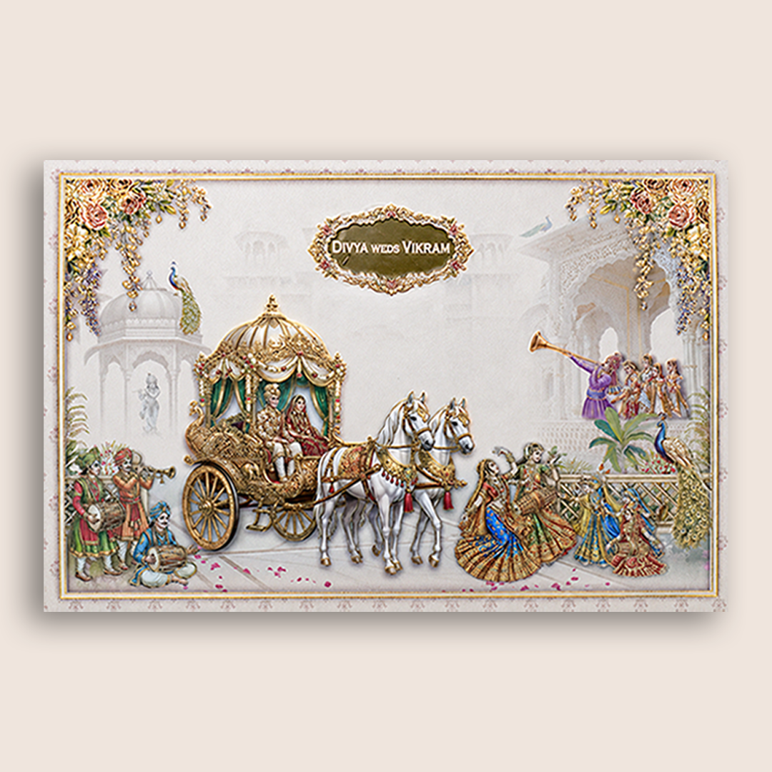 Cream Royal Horse Baraat Wedding Card - KNKT1901C