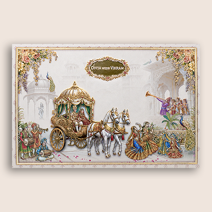 Cream Royal Horse Baraat Wedding Card - KNKT1901C