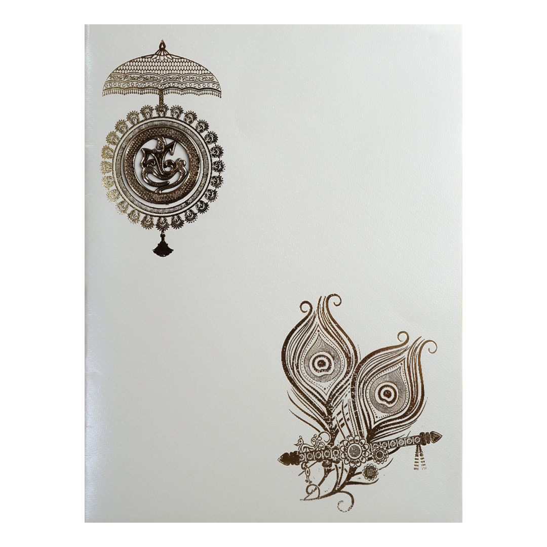 White Ganesha Umbrella Peacock Feather Wedding Card-KNWT5015