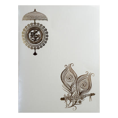 White Ganesha Umbrella Peacock Feather Wedding Card-KNWT5015