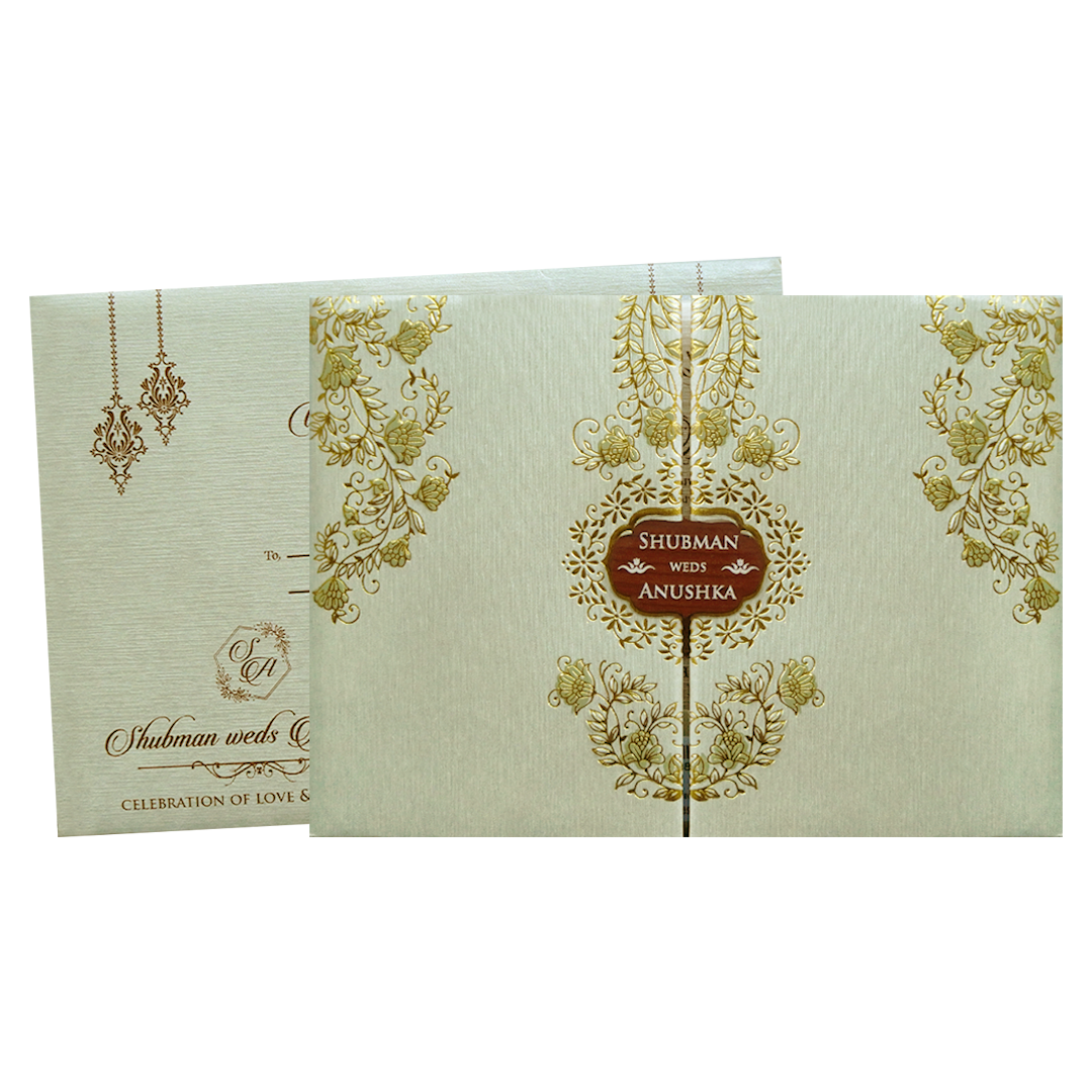 Ivory Padded Wedding Invitation Card with Embossed Floral Design-KRB09711