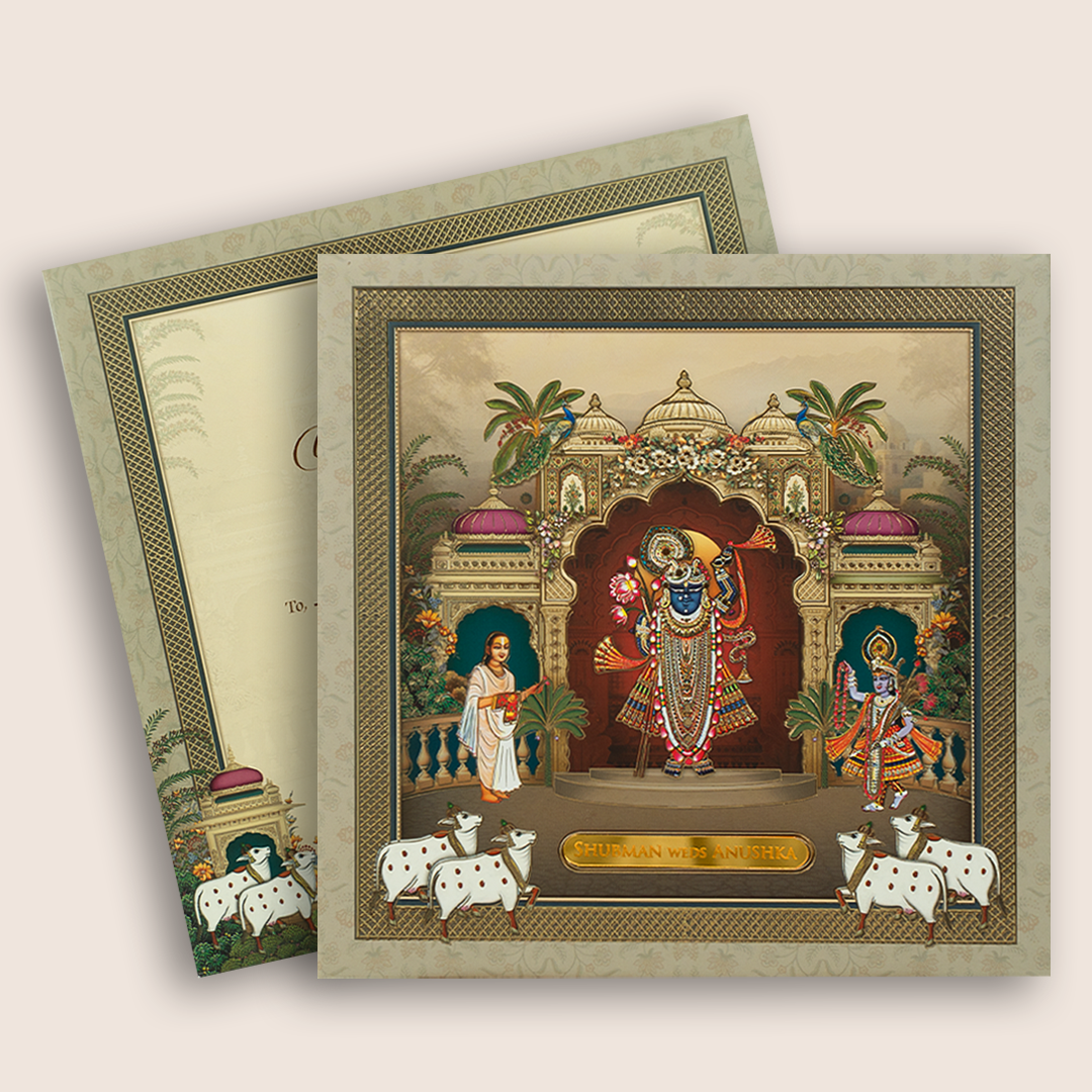 Grey Lord Shrinathji Padded Wedding Invitation - KRB10510