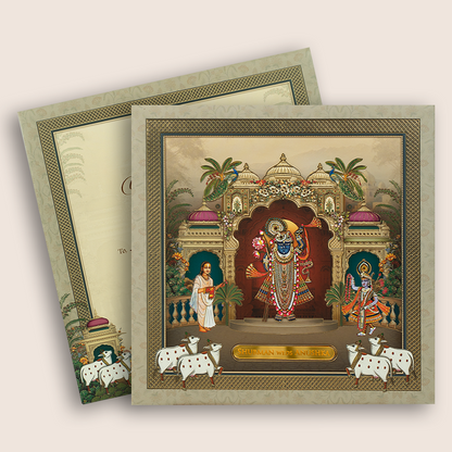 Grey Lord Shrinathji Padded Wedding Invitation - KRB10510