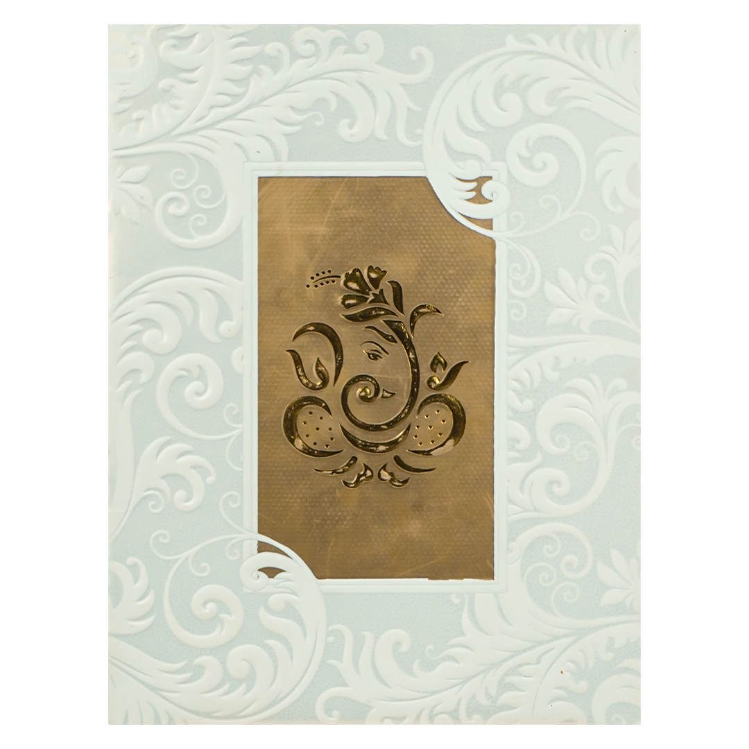 White Embossed Ganesha Wedding Card-KNK1828