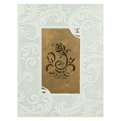 White Embossed Ganesha Wedding Card-KNK1828