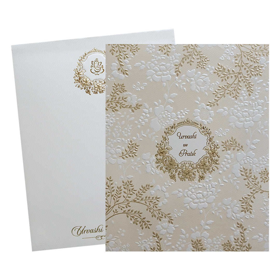 Cream Embossed Floral Padded Wedding Card-KMMWD1117