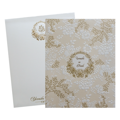Cream Embossed Floral Padded Wedding Card-KMMWD1117