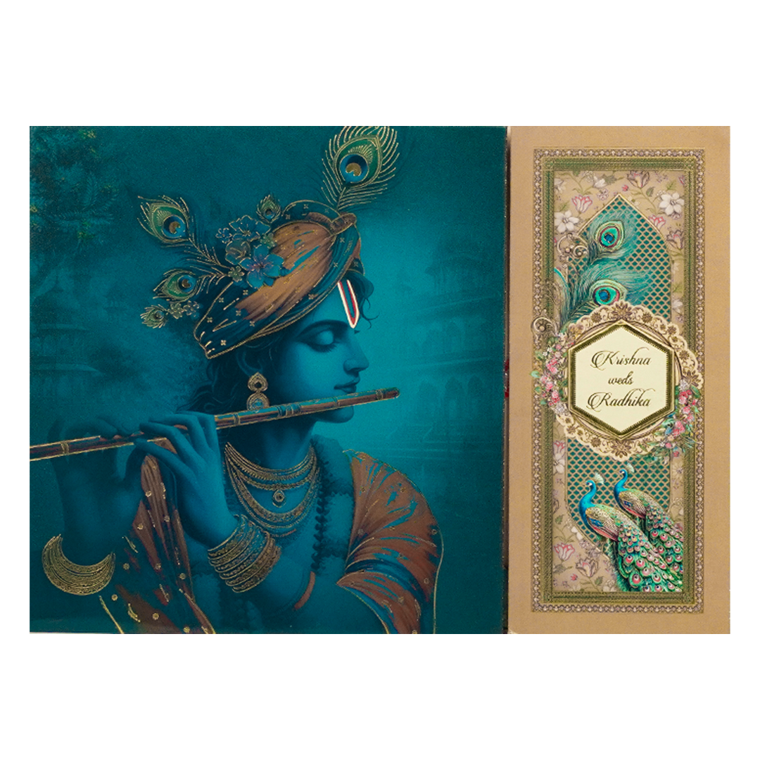 Blue Padded Floral God Wedding Card-KAK01740